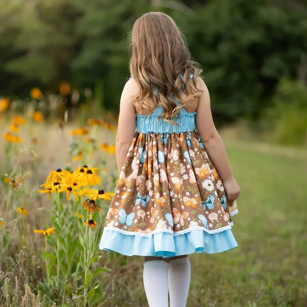 Ricrac & Ruffles Butterfly Dress Girls 3T Boutique Floral Blue Brown Ruffle Trim